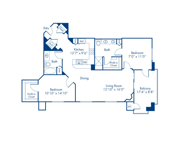 Blueprint of Azure Floor Plan, 2 Bedrooms and 2 Bathrooms at Camden Sotelo Apartments in Tempe, AZ