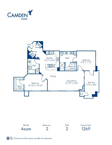 Blueprint of Azure Floor Plan, 2 Bedrooms and 2 Bathrooms at Camden Sotelo Apartments in Tempe, AZ