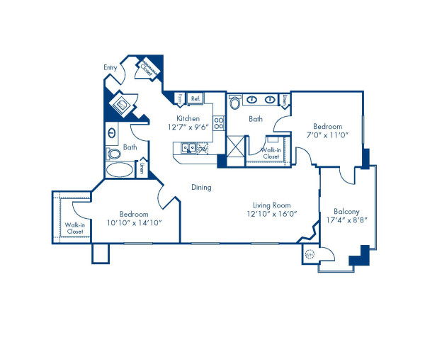 Blueprint of Azure Floor Plan, 2 Bedrooms and 2 Bathrooms at Camden Sotelo Apartments in Tempe, AZ