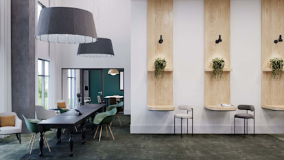 Rendering of community workspace and co-work lounge at Camden Nations apartments in Nashville, TN