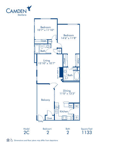 Blueprint of 2C Floor Plan, 2 Bedrooms and 2 Bathrooms at Camden Montierra Apartments in Scottsdale, AZ