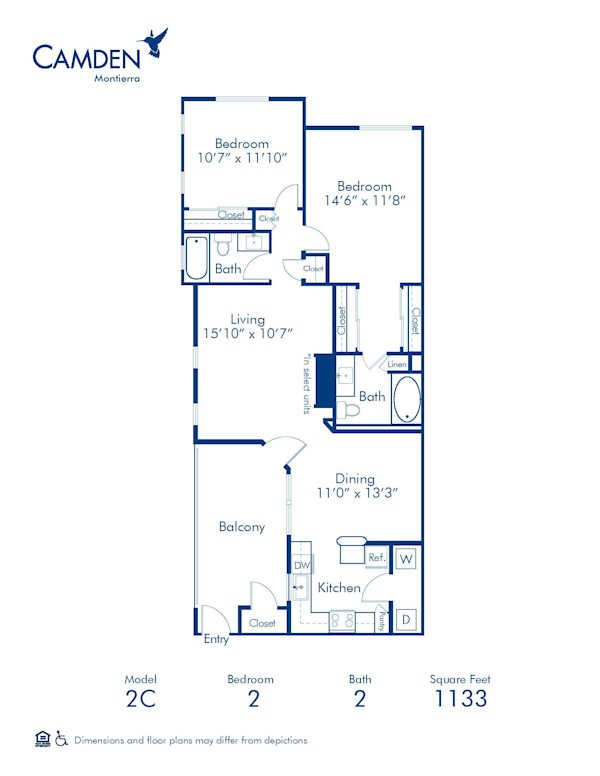 Blueprint of 2C Floor Plan, 2 Bedrooms and 2 Bathrooms at Camden Montierra Apartments in Scottsdale, AZ