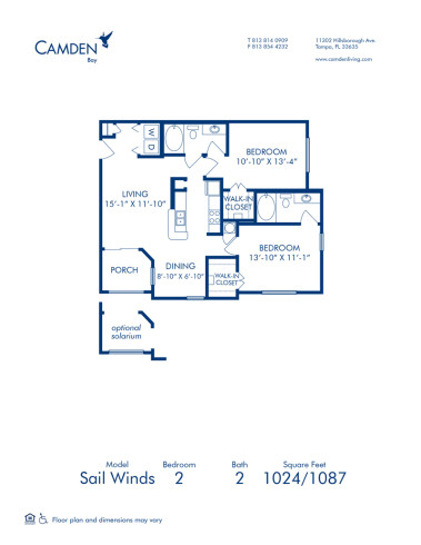 Blueprint of Sail Winds (Balcony) Floor Plan, 2 Bedrooms and 2 Bathrooms at Camden Bay Apartments in Tampa, FL