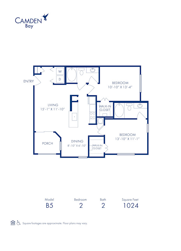 Blueprint of Sail Winds (Balcony) Floor Plan, 2 Bedrooms and 2 Bathrooms at Camden Bay Apartments in Tampa, FL