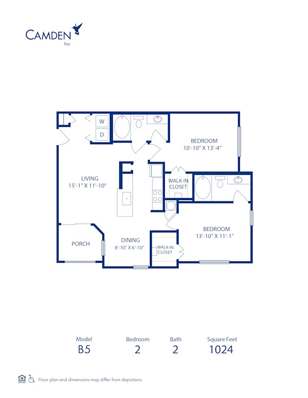 Blueprint of Sail Winds (Balcony) Floor Plan, 2 Bedrooms and 2 Bathrooms at Camden Bay Apartments in Tampa, FL