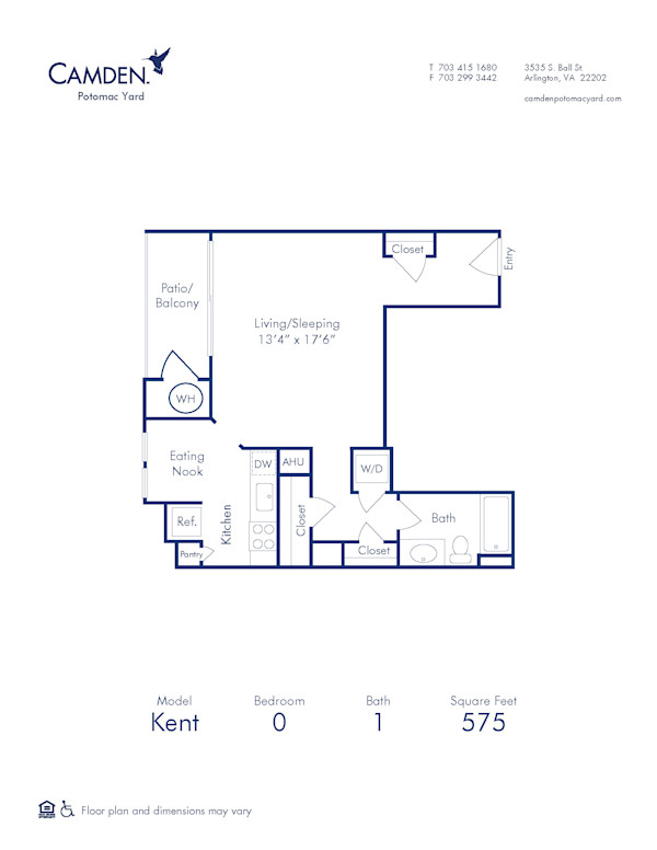 Blueprint of Kent Floor Plan, Studio with 1 Bathroom at Camden Potomac Yard Apartments in Arlington, VA