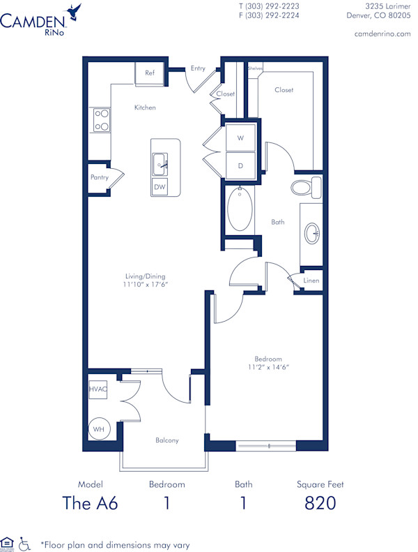 Camden Rino apartments in Denver one bedroom floor plan diagram, The A6