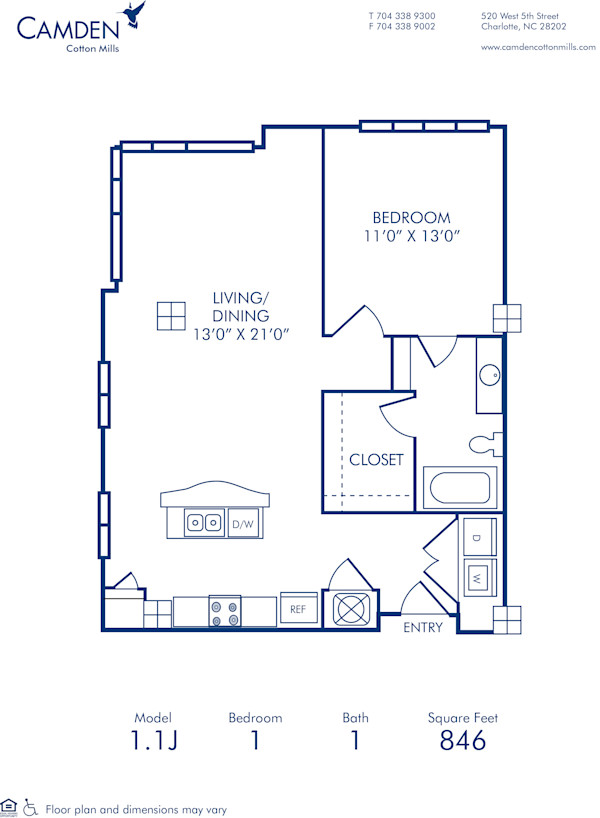 Blueprint of 1.1J Floor Plan, 1 Bedroom and 1 Bathroom at Camden Cotton Mills Apartments in Charlotte, NC