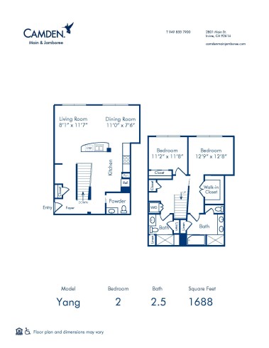 Blueprint of Yang Floor Plan, 2 Bedrooms and 2.5 Bathrooms at Camden Main and Jamboree Apartments in Irvine, CA