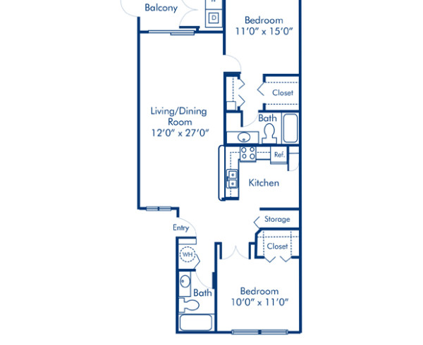 Blueprint of Donatello Floor Plan, 2 Bedrooms and 2 Bathrooms at Camden Portofino Apartments in Pembroke Pines, FL