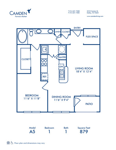 Blueprint of A5 Floor Plan, 1 Bedroom and 1 Bathroom at Camden Farmers Market Apartments in Dallas, TX