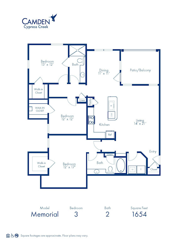 Blueprint of Memorial Floor Plan, 3 Bedrooms and 2 Bathrooms at Camden Cypress Creek Apartments in Cypress, TX