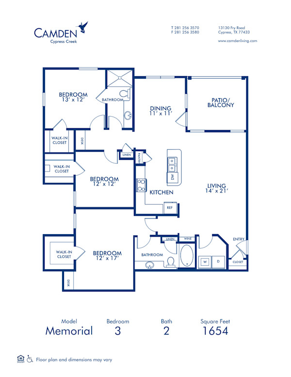 Blueprint of Memorial Floor Plan, 3 Bedrooms and 2 Bathrooms at Camden Cypress Creek Apartments in Cypress, TX