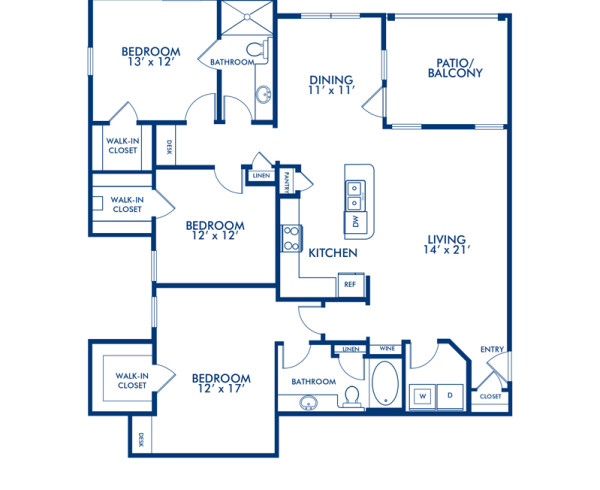 Blueprint of Memorial Floor Plan, 3 Bedrooms and 2 Bathrooms at Camden Cypress Creek Apartments in Cypress, TX