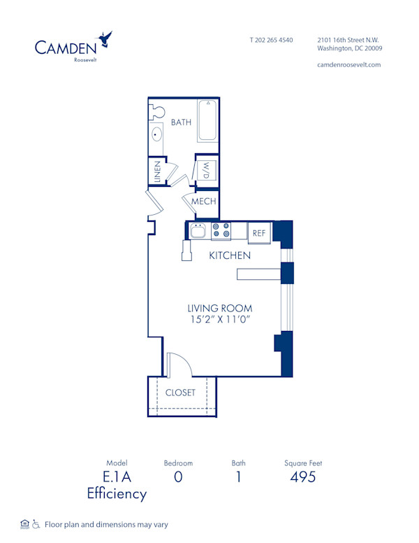 Blueprint of E.1A Floor Plan, Studio with 1 Bathroom at Camden Roosevelt Apartments in Washington, DC