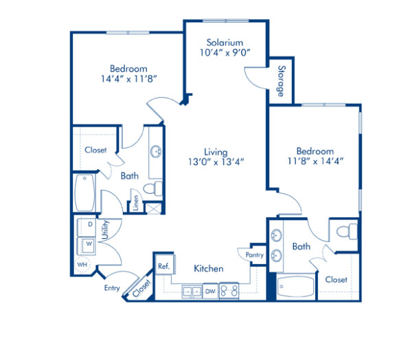 Blueprint of Nantucket Floor Plan, 2 Bedrooms and 2 Bathrooms at Camden Waterford Lakes Apartments in Orlando, FL