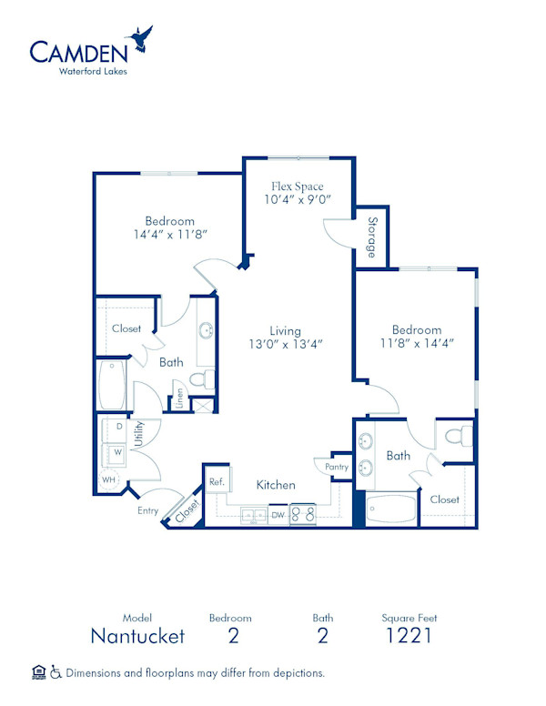 Blueprint of Nantucket Floor Plan, 2 Bedrooms and 2 Bathrooms at Camden Waterford Lakes Apartments in Orlando, FL