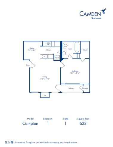 Blueprint of Campion Floor Plan, 1 Bedroom and 1 Bathroom at Camden Cimarron Apartments in Irving, TX