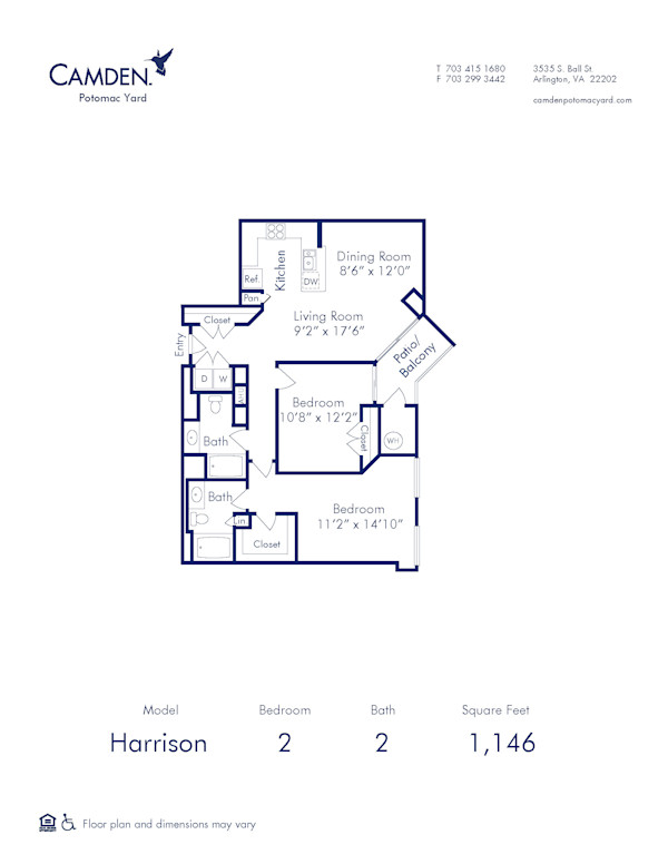 Blueprint of Harrison Floor Plan, 2 Bedrooms and 2 Bathrooms at Camden Potomac Yard Apartments in Arlington, VA