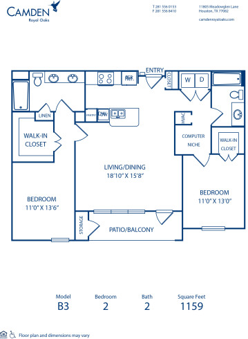 B3 floor plan, 2 bed and 2 bath, at Camden Royal Oaks Apartments in Houston, TX