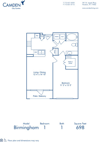 Blueprint of Birmingham Floor Plan, 1 Bedroom and 1 Bathroom at Camden City Centre Apartments in Houston, TX