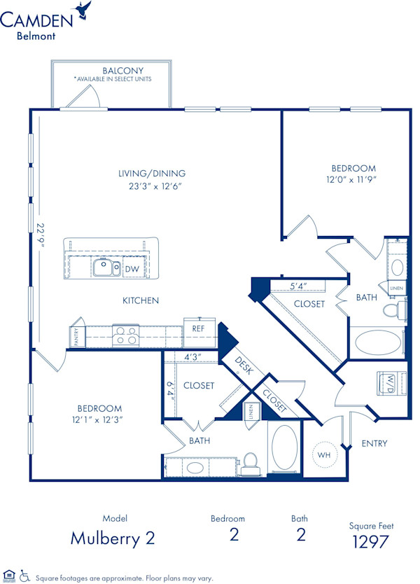 Blueprint of Mulberry 2 Floor Plan, 2 Bedrooms and 2 Bathrooms at Camden Belmont Apartments in Dallas, TX