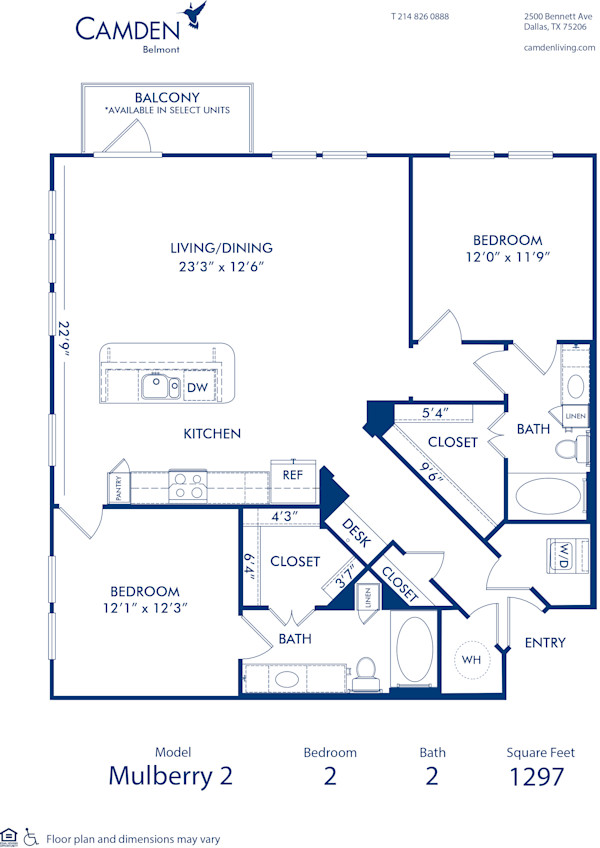 Blueprint of Mulberry 2 Floor Plan, 2 Bedrooms and 2 Bathrooms at Camden Belmont Apartments in Dallas, TX