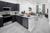 Kitchen with stainless steel appliances and tall ceilings at Camden Dulles Station apartments in Herndon, VA