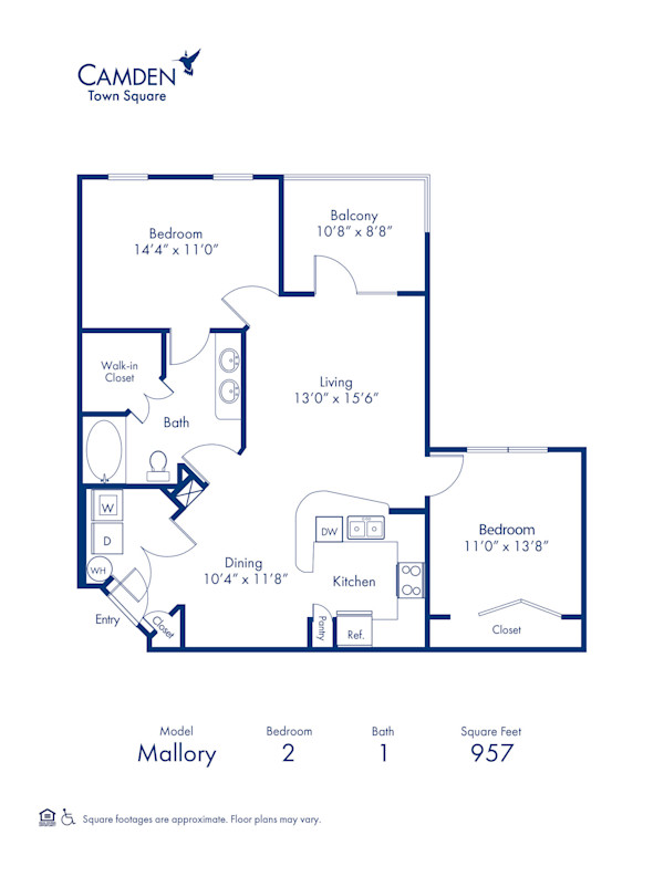 Blueprint of Mallory Floor Plan, 1 Bedroom and 1 Bathroom at Camden Town Square Apartments in Kissimmee, FL
