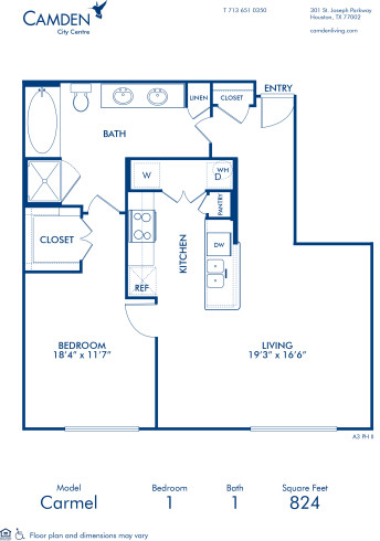 Blueprint of Carmel II Floor Plan, 1 Bedroom and 1 Bathroom at Camden City Centre II Apartments in Houston, TX