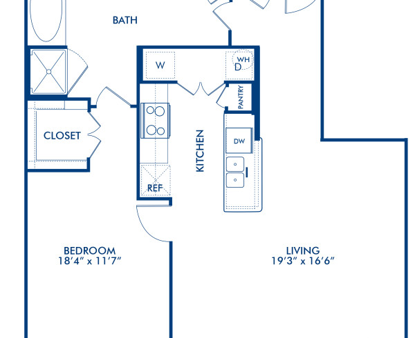 Blueprint of Carmel II Floor Plan, 1 Bedroom and 1 Bathroom at Camden City Centre II Apartments in Houston, TX