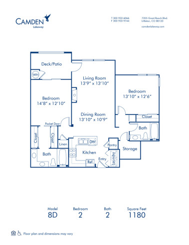 Blueprint of 8D Floor Plan, 2 Bedrooms and 2 Bathrooms at Camden Lakeway Apartments in Lakewood, CO