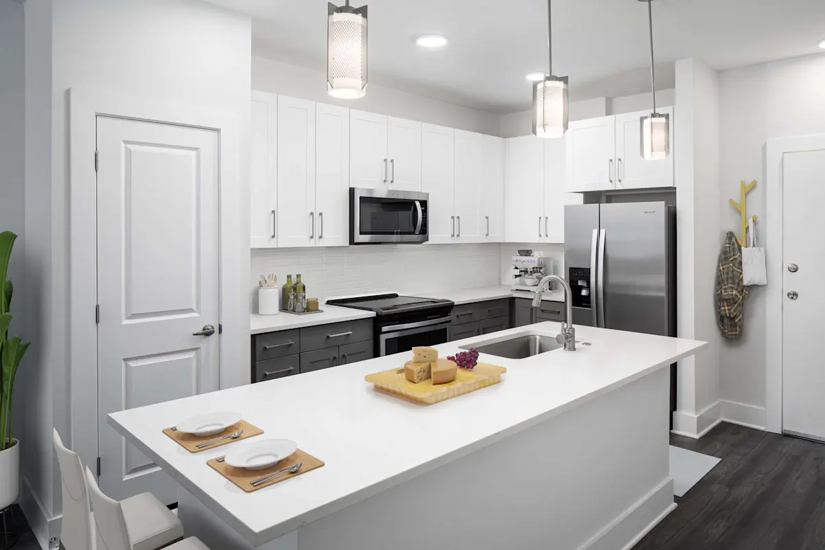 Furnished kitchen and island at Camden North End.