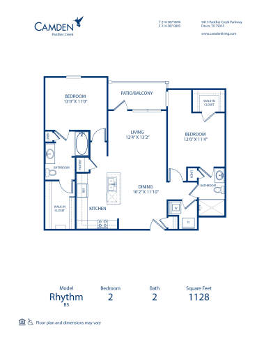 Blueprint of Rhythm Floor Plan, 2 Bedrooms and 2 Bathrooms at Camden Panther Creek Apartments in Frisco, TX