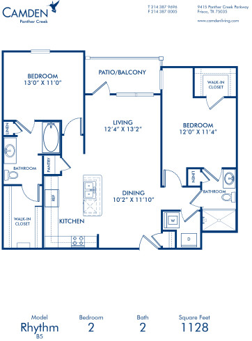 Blueprint of Rhythm Floor Plan, 2 Bedrooms and 2 Bathrooms at Camden Panther Creek Apartments in Frisco, TX