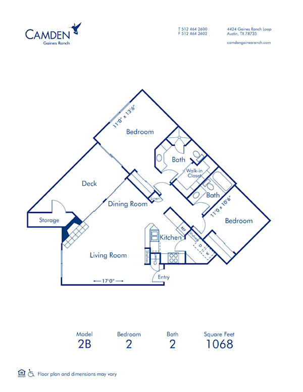 Blueprint of 2B Floor Plan, 2 Bedrooms and 2 Bathrooms at Camden Gaines Ranch Apartments in Austin, TX