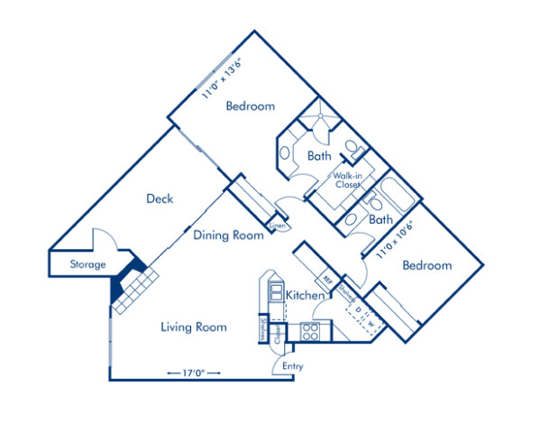 Blueprint of 2B Floor Plan, 2 Bedrooms and 2 Bathrooms at Camden Gaines Ranch Apartments in Austin, TX