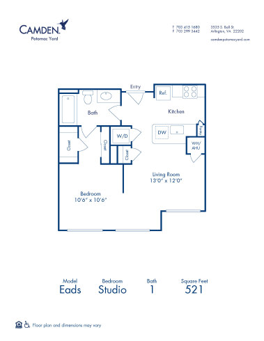 Blueprint of Eads Floor Plan, Studio with 1 Bathroom at Camden Potomac Yard Apartments in Arlington, VA