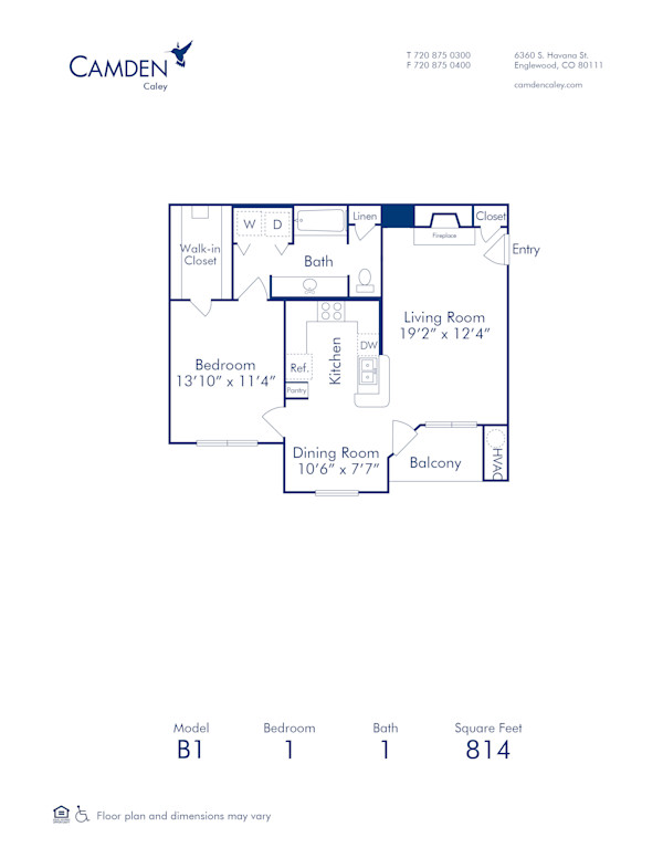 Blueprint of B-1 Floor Plan, 1 Bedroom and 1 Bathroom at Camden Caley Apartments in Englewood, CO