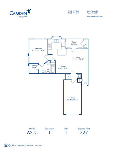 Blueprint of A2C Floor Plan, 1 Bedroom and 1 Bathroom at Camden Legacy Park Apartments in Plano, TX