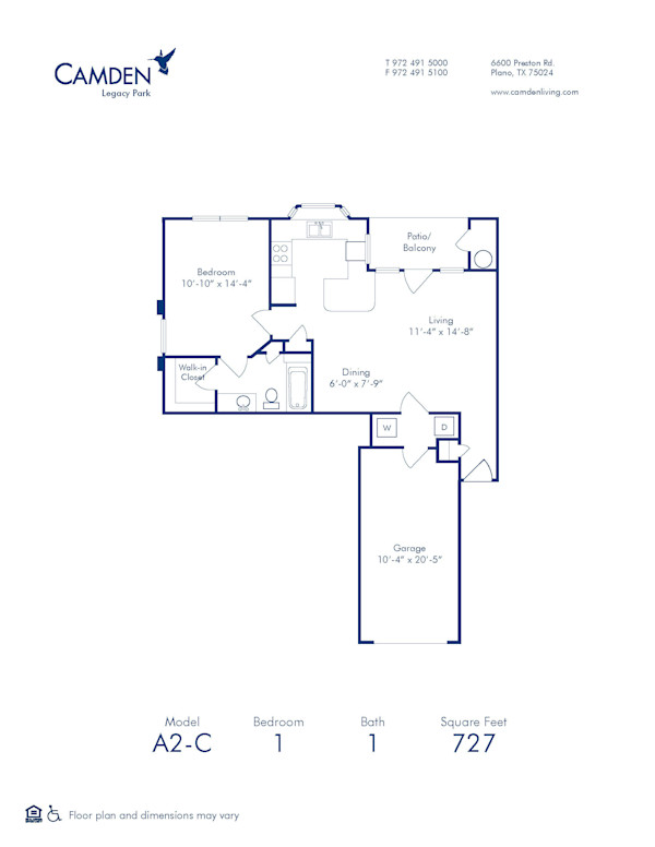 Blueprint of A2C Floor Plan, 1 Bedroom and 1 Bathroom at Camden Legacy Park Apartments in Plano, TX
