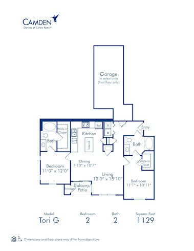 Blueprint of Tori G Floor Plan, 2 Bedrooms and 2 Bathrooms at Camden Downs at Cinco Ranch Apartments in Katy, TX