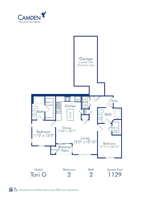Blueprint of Tori G Floor Plan, 2 Bedrooms and 2 Bathrooms at Camden Downs at Cinco Ranch Apartments in Katy, TX