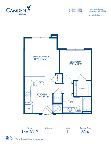 Blueprint of A2.2 Floor Plan, 1 Bedroom and 1 Bathroom at Camden Gallery Apartments in Charlotte, NC