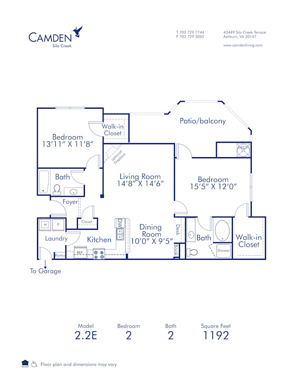 Blueprint of 2.2E Floor Plan, 2 Bedrooms and 2 Bathrooms at Camden Silo Creek Apartments in Ashburn, VA