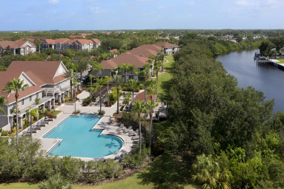 Drone view of the second pool at Camden Bay apartments in Tampa, Florida.