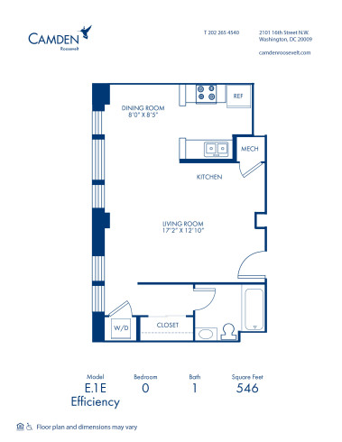 Blueprint of E.1E Floor Plan, Studio with 1 Bathroom at Camden Roosevelt Apartments in Washington, DC