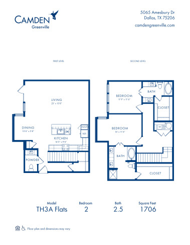 Camden Greenville Apartments, Dallas, TX, TH3A Floor Plan, Two Bedroom-Two and a Half Bathroom Townhome