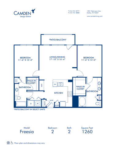 Blueprint of Freesia Floor Plan, 2 Bedrooms and 2 Bathrooms at Camden Design District Apartments in Dallas, TX