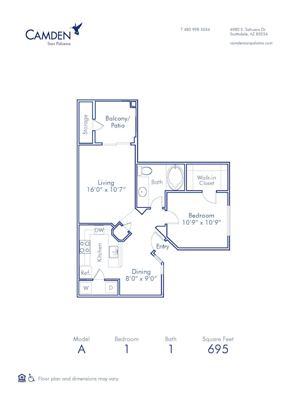 Blueprint of A Floor Plan, Apartment Home with 1 Bedroom and 1 Bathroom at Camden San Paloma in Scottsdale, AZ